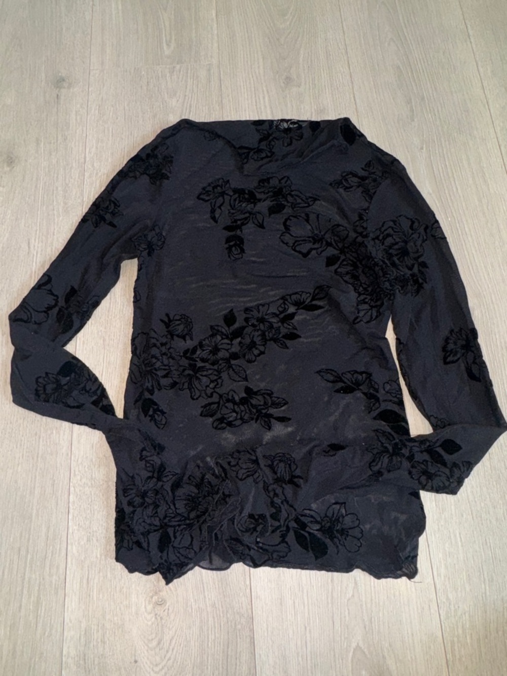 Black Floral Burnout Long-Sleeve turtle neck  Top
